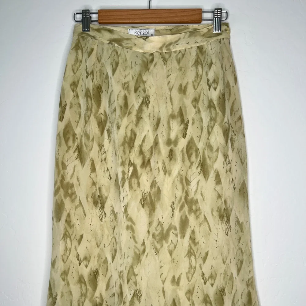 Kenzel Abstract Leaf Print Maxi Skirt Green Tan Lined Side Zip Womens 90s